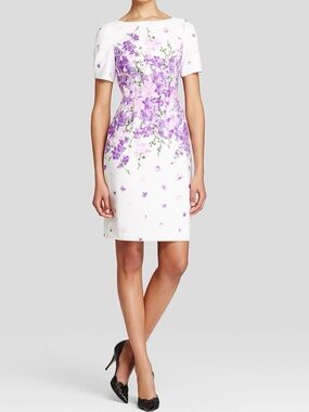 Adrianna Papell Floral Sheath Dress Size 6 White Purple Wedding Guest